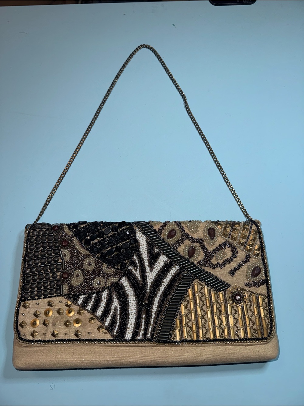 Chico's Beaded Mixed-Animal Patchwork Shoulder Bag in Black and Beige